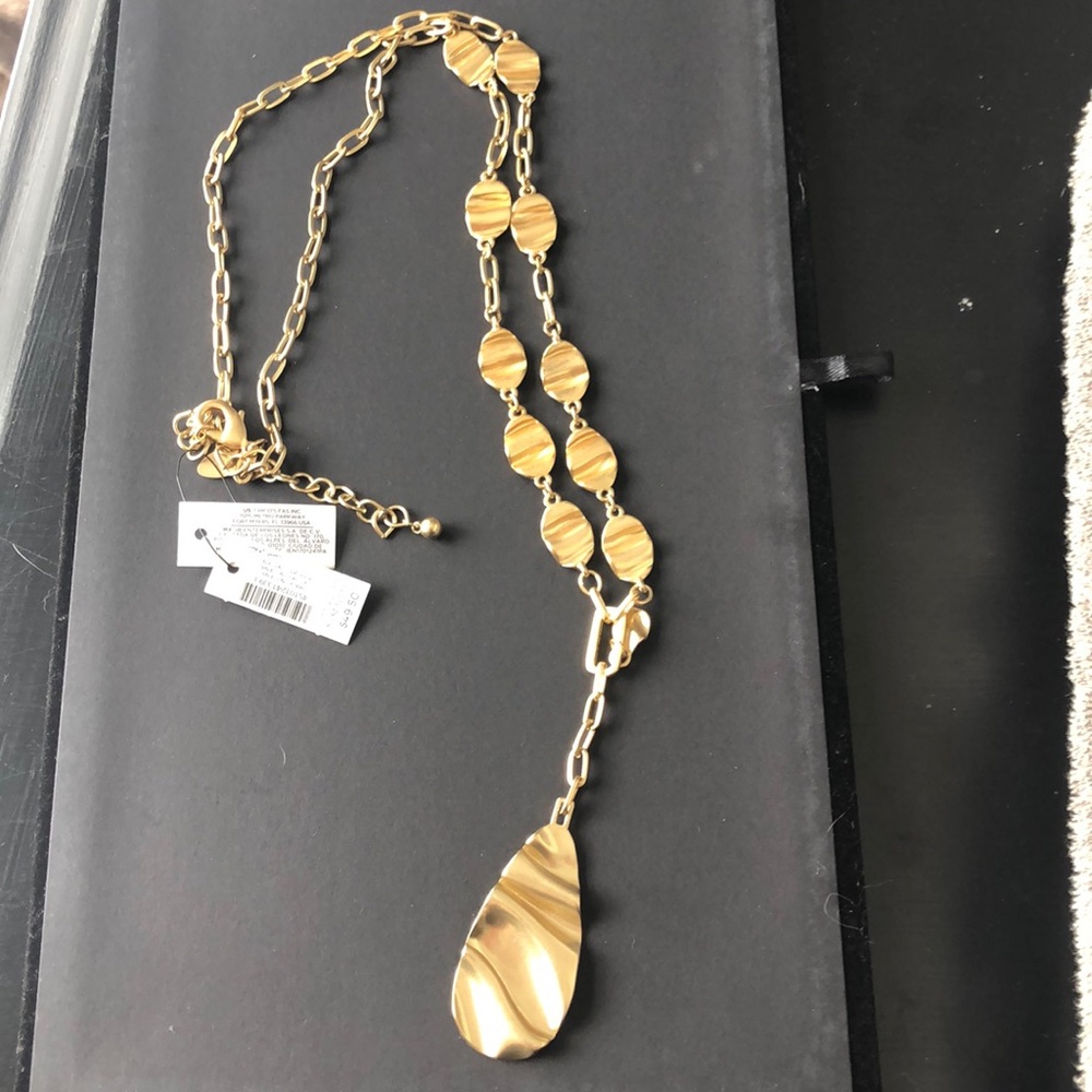 Chicos long brushed gold necklace with teardrop